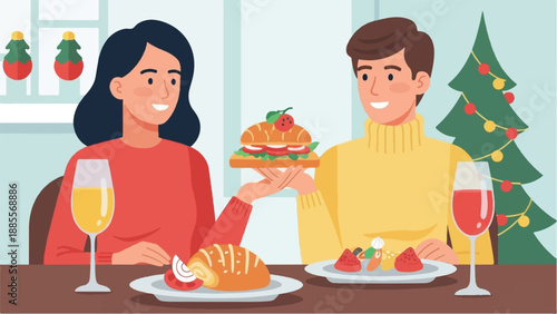 Couple enjoys festive food and drinks by a decorated Christmas tree