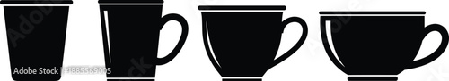 Coffee cup silhouettes set, mug and teacup icons collection, minimal drinkware illustration, black white vector design for cafe branding menu packaging print