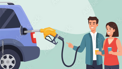 Couple at gas station with fueling nozzle and drinks