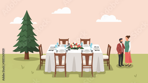 Couple at outdoor table setting with floral centerpiece and evergreen tree