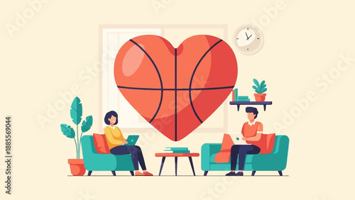 Couple relaxing at home with a giant heart-shaped basketball artwork