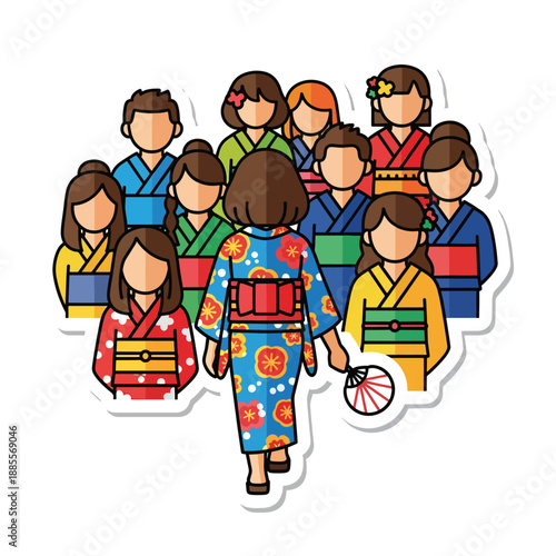 A woman in a blue kimono walking with a group