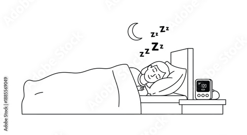 Illustration of a person sleeping peacefully in bed at night with a clock on the bedside table