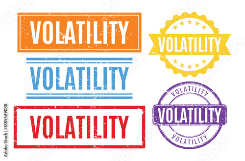 Collection of volatility rubber stamps in various colors and shapes including square circular and ribbon designs