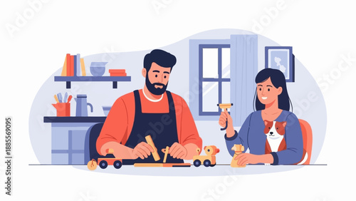 Couple building toy cars and a dog, indoor hobby workshop