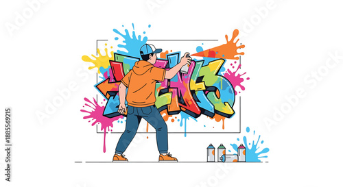 Street art graffiti artist spray painting creative colorful mural on a city wall