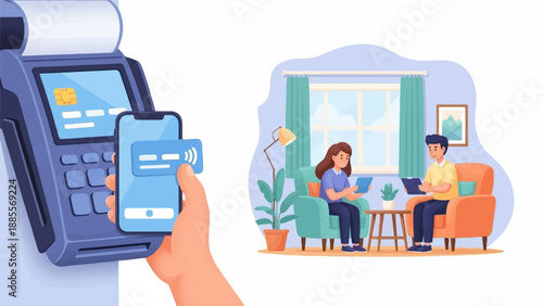 Contactless payment processing and a cozy home office scene with two people
