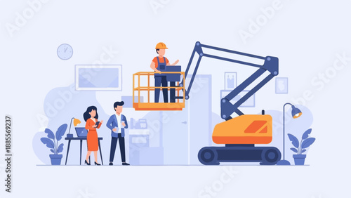 Construction worker in lift, colleagues observe work