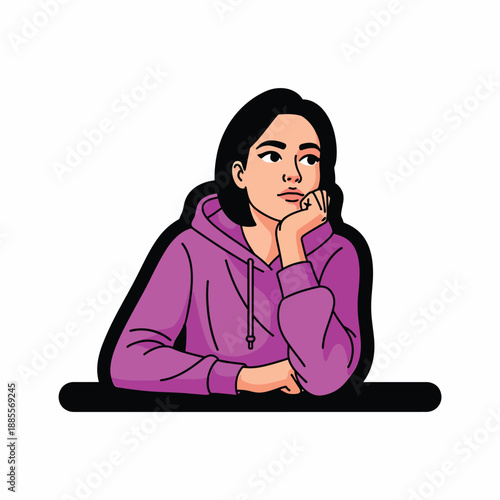 A woman in a purple hoodie with her chin on her hand