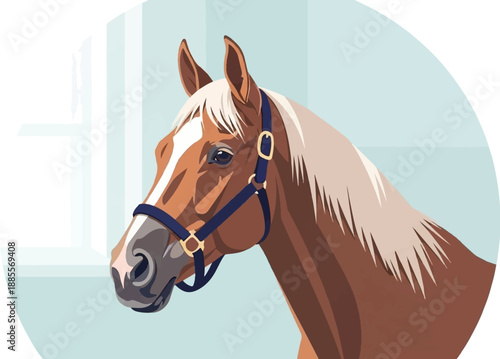 Close-up illustration of a chestnut horse wearing a dark blue halter against a light blue background