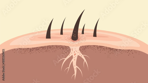 Close-up illustration of a hair follicle and root system in skin