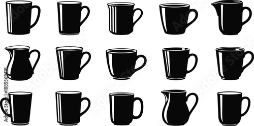 Coffee mug silhouettes set, assorted cup and creamer shapes collection, black white drinkware icons vector illustration for cafe menu branding print packaging design