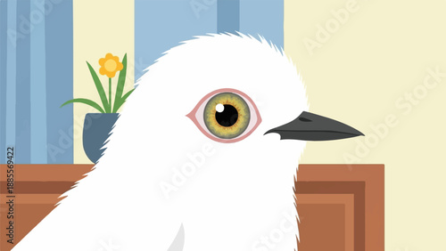 Close-up illustration of a white bird with a striking green eye, indoors