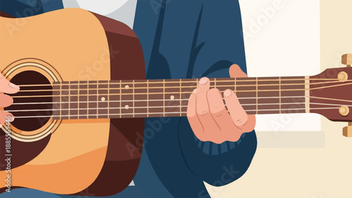 Close-up illustration of hands playing an acoustic guitar, with warm, muted tones