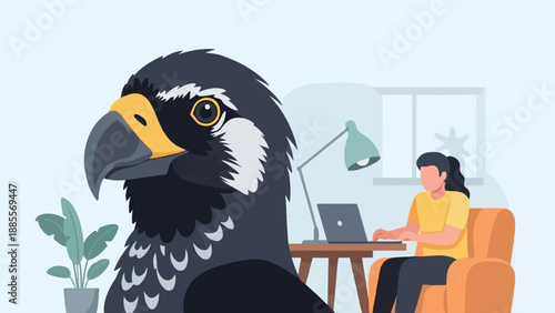 Close-up of a bird's head with a person working remotely in the background