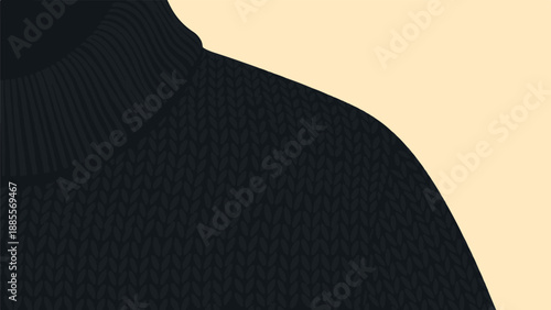 Close-up of a dark, textured, knitted turtleneck sweater