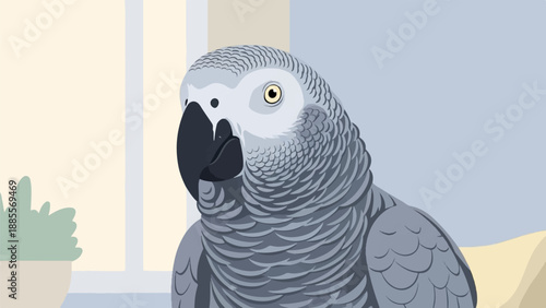 Close-up of a gray parrot with intricate feather detail