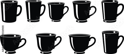 Coffee mug silhouettes set, assorted cup shapes collection, black white drinkware icons vector illustration for cafe menu branding print packaging design marketing advertising restaurant