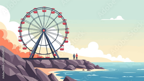 Coastal amusement park with a Ferris wheel on a rocky shore