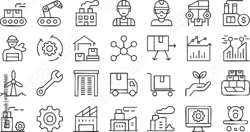 Industrial Manufacturing Icons for Factory and Production Systems