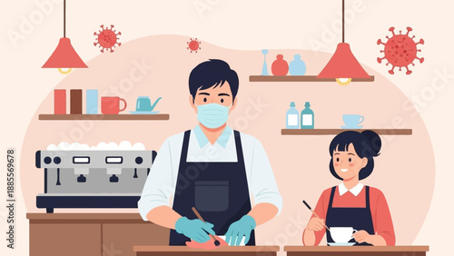 Coffee shop workers with masks and gloves, virus in background