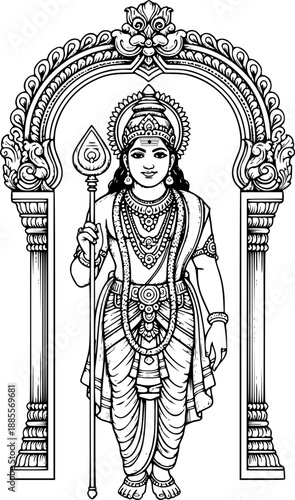 Lord Murugan with Vel standing in arch frame line art vector illustration for Hindu festival Thaipusam and Kavadi Aattam