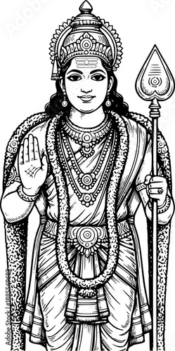 Lord Murugan vector illustration in detailed black and white line art style, shown in a frontal close-up view with blessing hand gesture and the sacred Vel spear