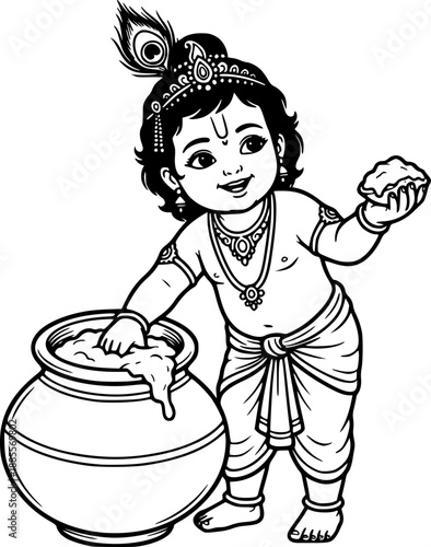 Little Lord Krishna standing with butter pot (Matka) black and white vector illustration, cute Bal Krishna stealing Makhan for Janmashtami festival celebration