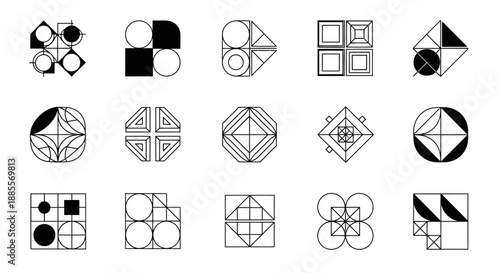 Collection of minimalist abstract geometric patterns. Black and white vector designs featuring diverse conceptual arrangements of circles, squares, and lines for modern graphic design