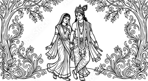 Radha Krishna vector illustration in elegant black and white line art style, featuring Lord Krishna and Radha standing together inside an ornate floral frame