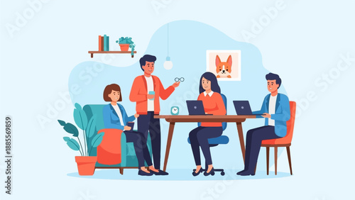 Colleagues collaborating in a modern office setting, engaging in discussion