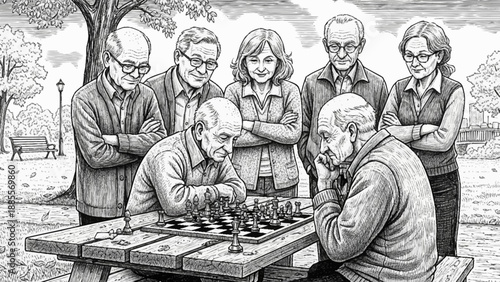 Seniors playing chess in a park on a sunny day.