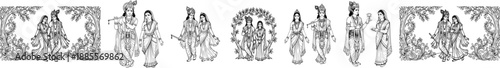 Radha Krishna divine couple collection with decorative borders, traditional Indian line art vector set, Hindu deities in various romantic poses for wedding and festival design