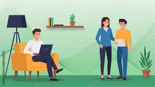 Colleagues collaborating in a modern office space with green accents