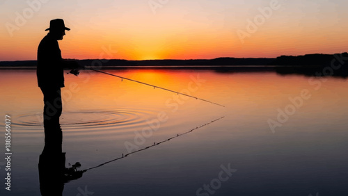 Silhouette of a man fishing at sunset on a calm lake.