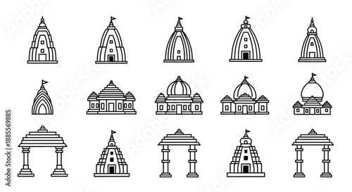 Vector collection of various traditional temple and ancient worship place icons, showcasing architectural diversity and spiritual concepts in a minimalist line art style