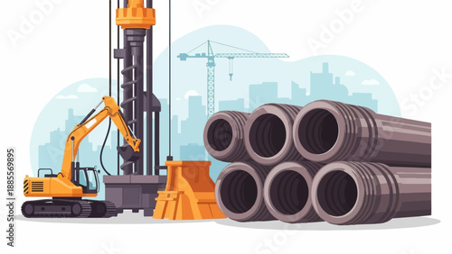 Construction scene with drilling rig, excavator, crane, and stacked pipes