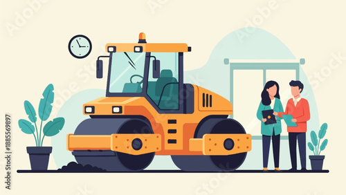 Construction professionals review plans next to a large road roller and potted plants
