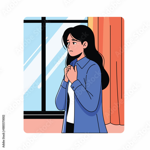 A woman in blue stands by a window