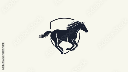 Silhouette of a running horse inside a shield emblem.