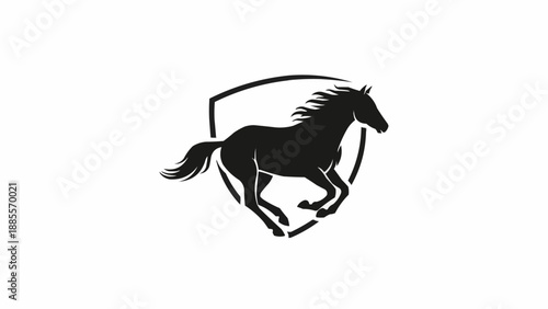 Silhouette of a running horse inside a shield emblem.