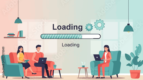 Colleagues work on laptops in a modern office, waiting for system load