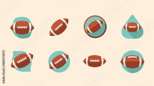 Collection of American footballs in various stylized poses and backgrounds