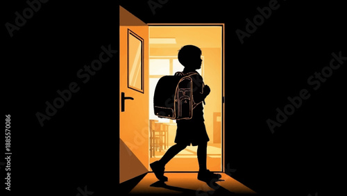 Silhouette of a young boy with a backpack walking through a doorway.