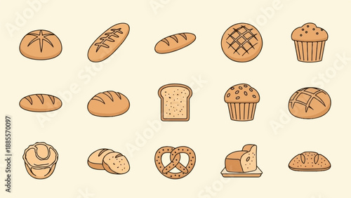 Collection of baked goods including loaves, rolls, muffins, pretzels, and sliced bread