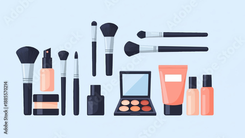 Collection of cosmetic brushes, bottles, and makeup palettes
