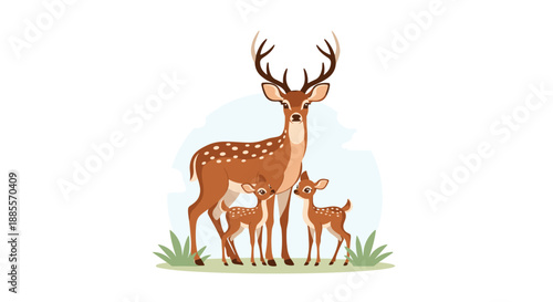 Family of spotted deer including a stag with antlers and two fawns stand together in a serene outdoor grassy field.
