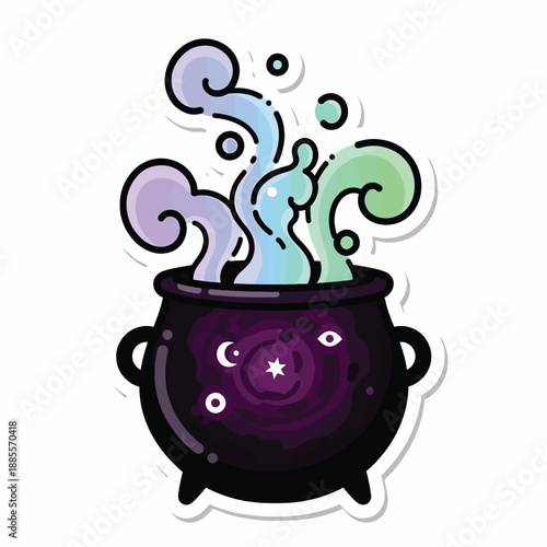 A purple cauldron with colorful smoke