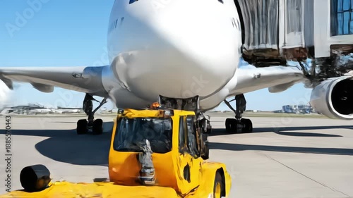 Large commercial double-deck airliner parked at airport gate with yellow pushback tug connected to nose gear under clear blue sky