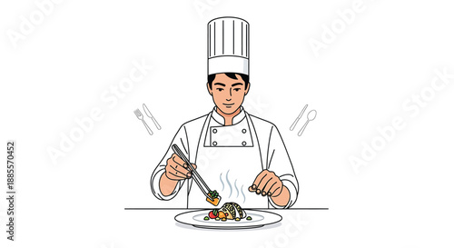Chef Garnishing Food Plate with Tongs, Professional Culinary Food Preparation Art
